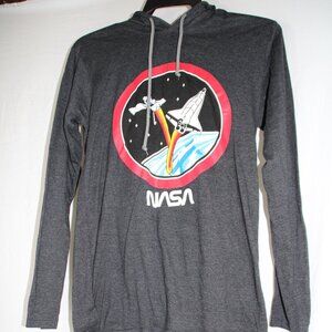 NASA Vintage Rocket Logo Long Sleeve Hooded Light Weight Shirt Size Small TeeLuv